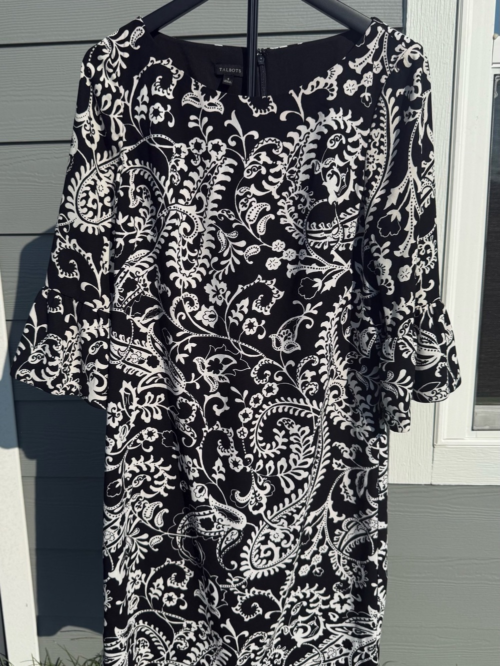 Talbots Black & Ivory Paisley Bell Sleeve Dress Size 4